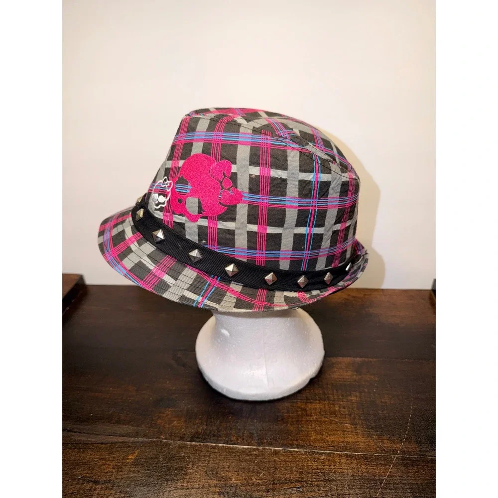 Monster High Plaid Fedora Hat with‎ Studded Band Pink Skull Logo Kids